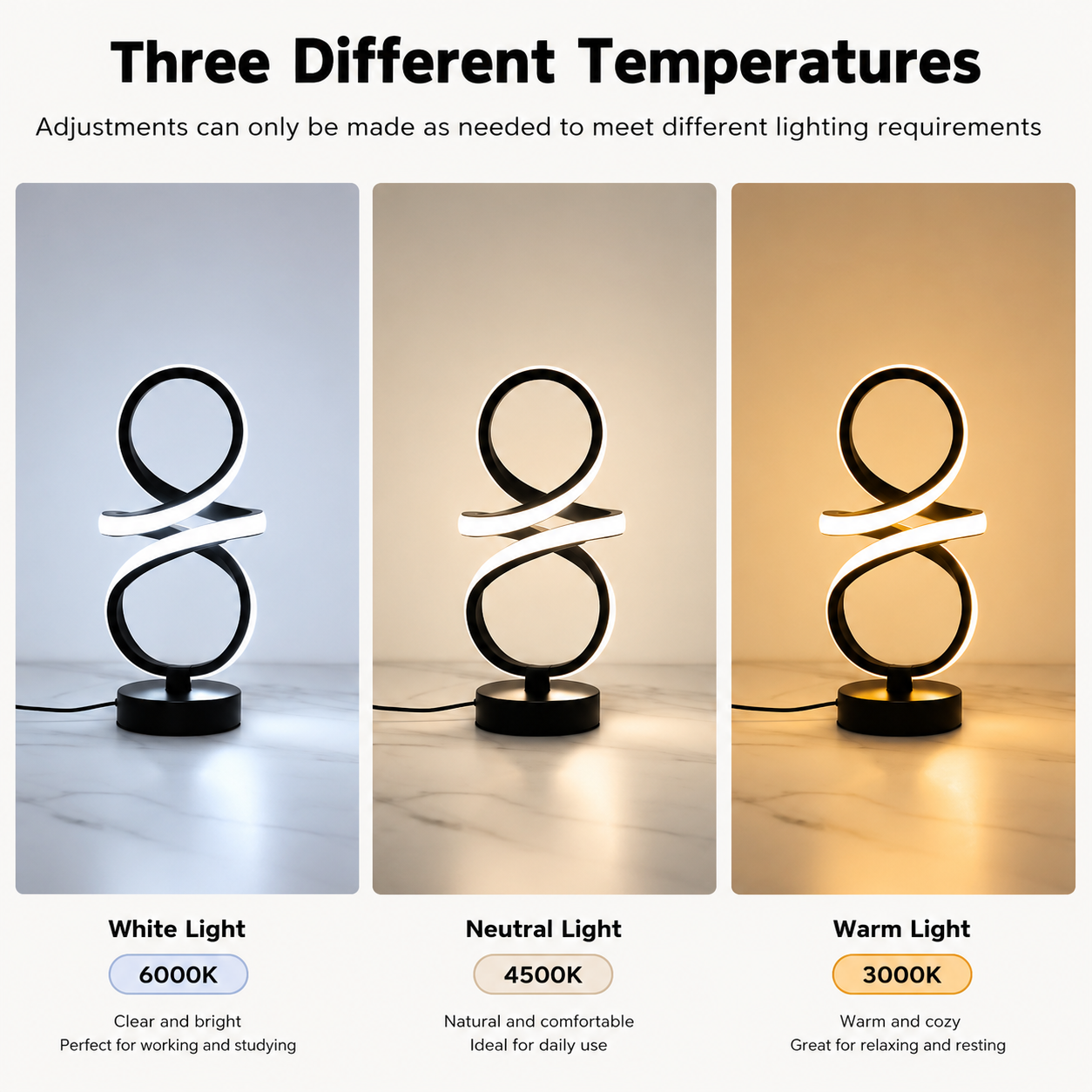 Modern Spiral LED Table Lamp | Dimmable 3 Colour Modes | USB Powered Bedside Desk Lamp for Bedroom, Office & Study